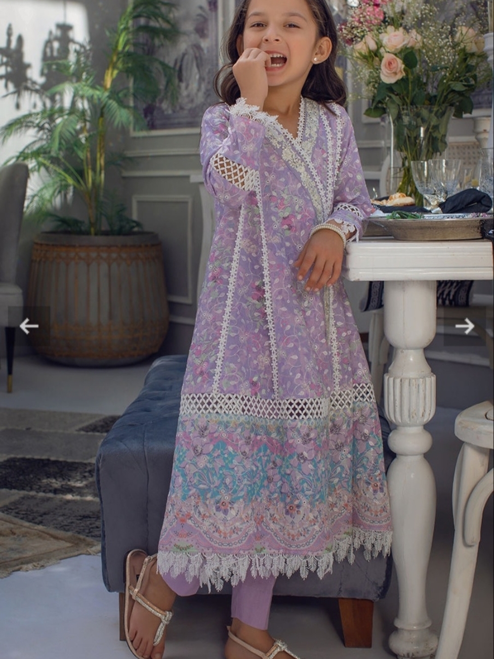 Girls Lilac Floral Lace Trim Dress